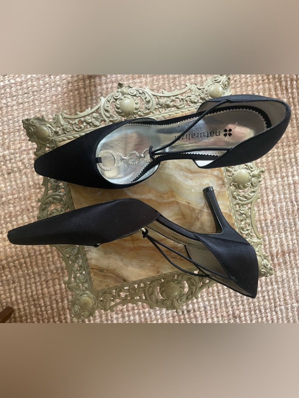 Naturalizer Pointed Black Satin Slingback Heels with gem details